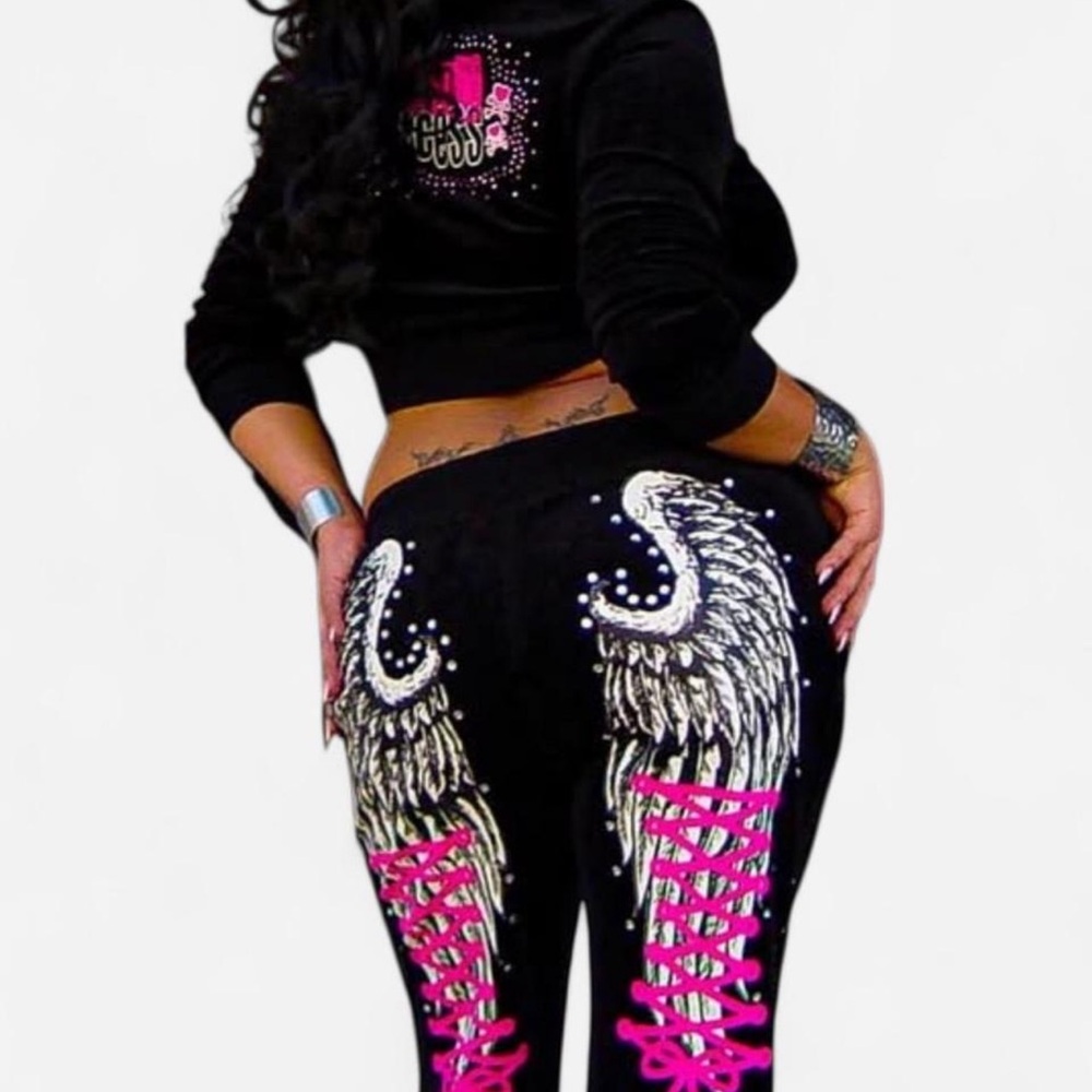 SOLD - Women's Black and Pink Angel Wing Pants